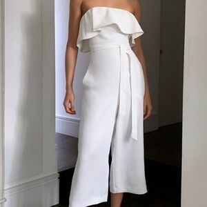 White Aritzia Babaton Flutter Strapless Jumpsuit